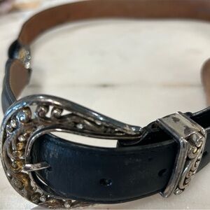 Chic Black Leather Belt with Ornate Silver Buckle